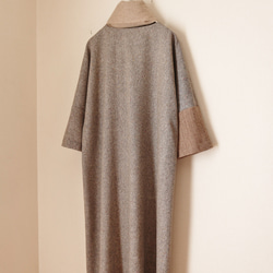 バイカラーのロングワンピース　ベージュ　ツイード×ヘリンボーン 5枚目の画像