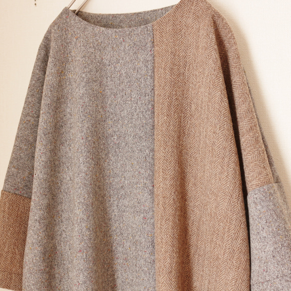 バイカラーのロングワンピース　ベージュ　ツイード×ヘリンボーン 8枚目の画像