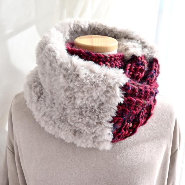 【３日以内に発送！】 大人メランジ もふもふファー の もちもち スヌード《ダークレッド×アイボリー》