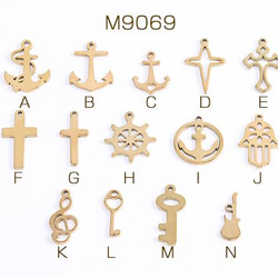 M9069-I 15個 ステンレス製 メタルチャーム 舵 錨 クロス キー 楽器 音符 ゴールド 全14種 3X（5ヶ） 1枚目の画像