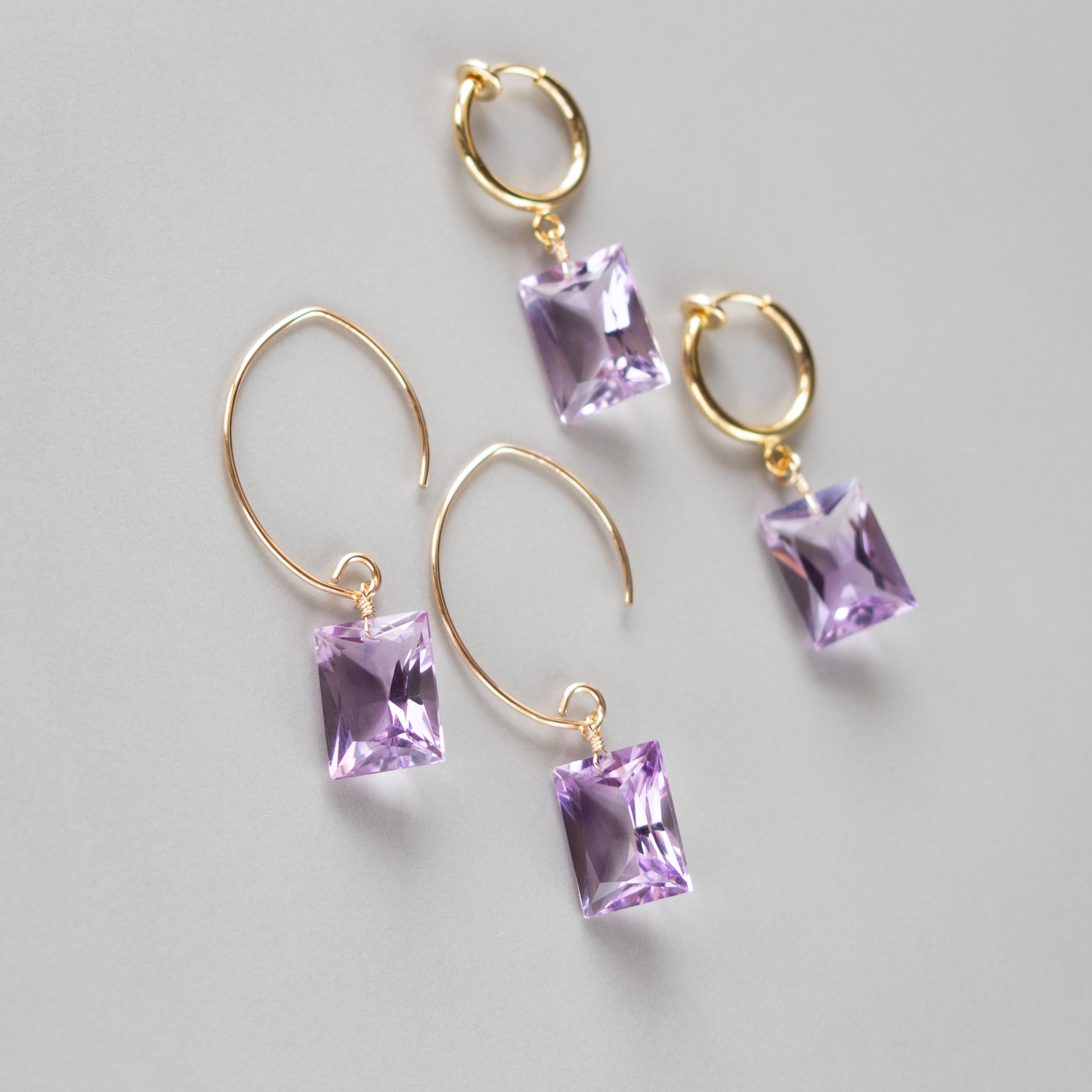 天然石ピンクアメジスト☆レクタングルのピアスorイヤリング14kgf