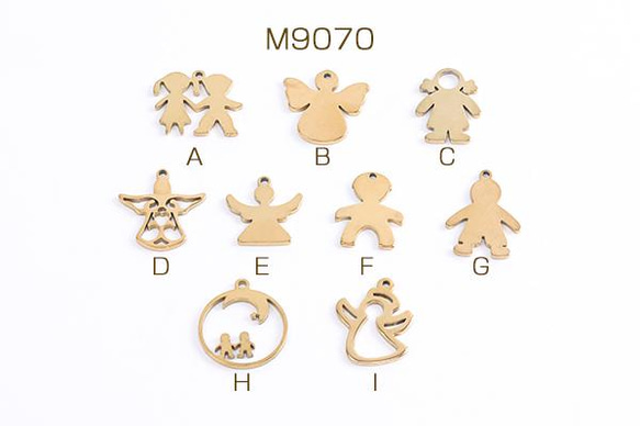 M9070-H  15個 ステンレス製 メタルチャーム 人物 天使 ゴールド 全9種 3X（5ヶ） 1枚目の画像