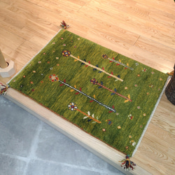 ペルシャ ギャッベ 玄関マット 90x65 黄緑色 可愛い花 カーペット