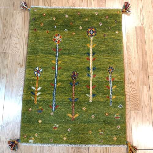 ペルシャ ギャッベ 玄関マット 90x65 黄緑色 可愛い花