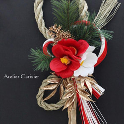 お正月飾り しめ縄＜紅白椿＞アーティフィシャルフラワー 紅白水引 2枚目の画像