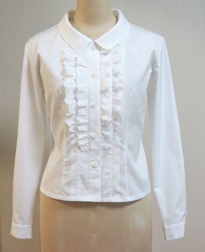 ショールカラーのフリル付きブラウスB（白地）