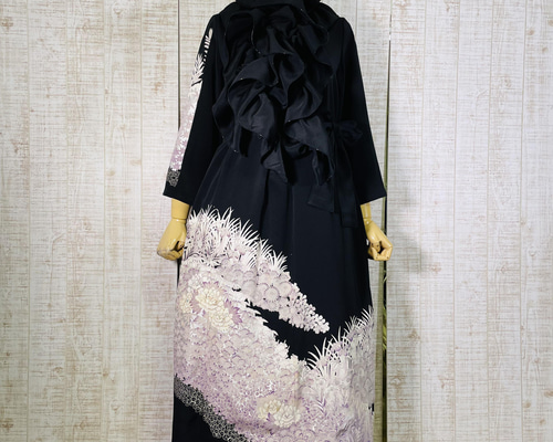 上品藤色＊菊・牡丹・梅など刺繍正絹正絹黒留袖ワンピースM