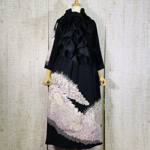 上品藤色＊菊・牡丹・梅など刺繍正絹正絹黒留袖ワンピースM