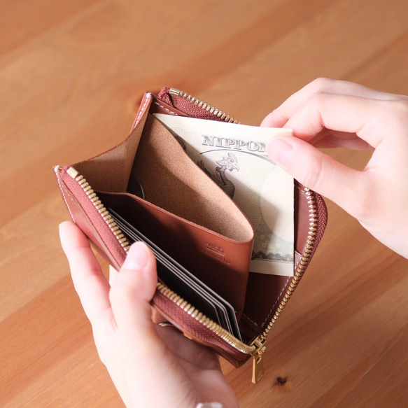 L字ファスナーミニ財布 チョコ/ゴールドファスナー　コンパクト&大容量 