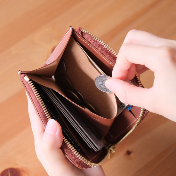 L字ファスナーミニ財布 チョコ/ゴールドファスナー　コンパクト&大容量 