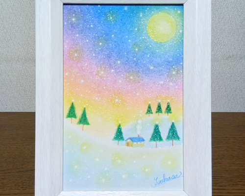Xmas present ハンドメイドパステル画　絵画アート原画 パステルアート 聖夜のスイート・ホーム パステル画原画 絵画 T's Arts