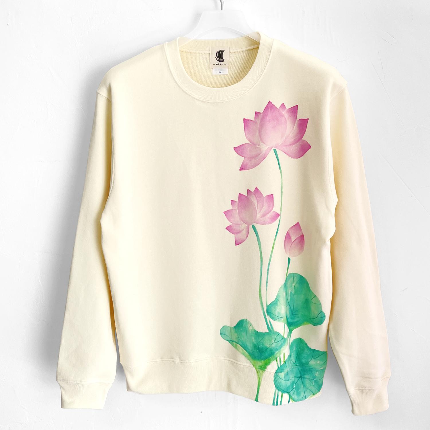 手描き蓮の花柄トレーナー ナチュラル クルーネックスウェット