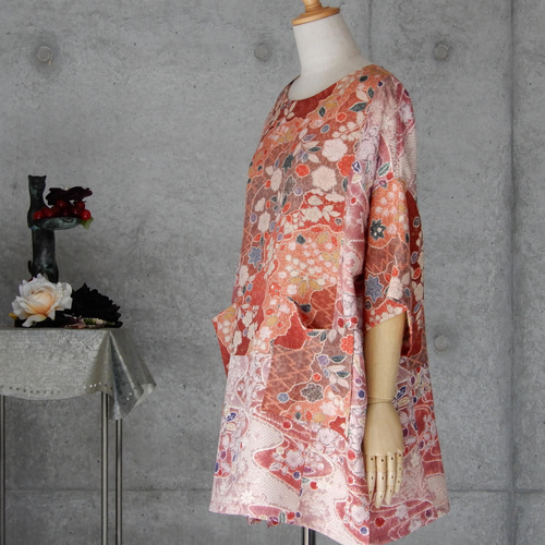 着物リメイク 辻が花のチュニックブラウス/フリーサイズ kimono