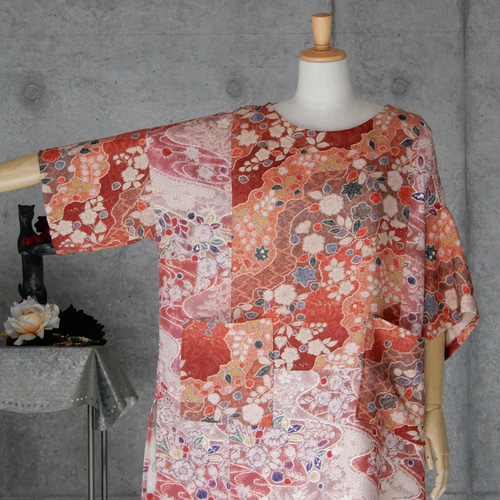 着物リメイク 辻が花のチュニックブラウス/フリーサイズ kimono