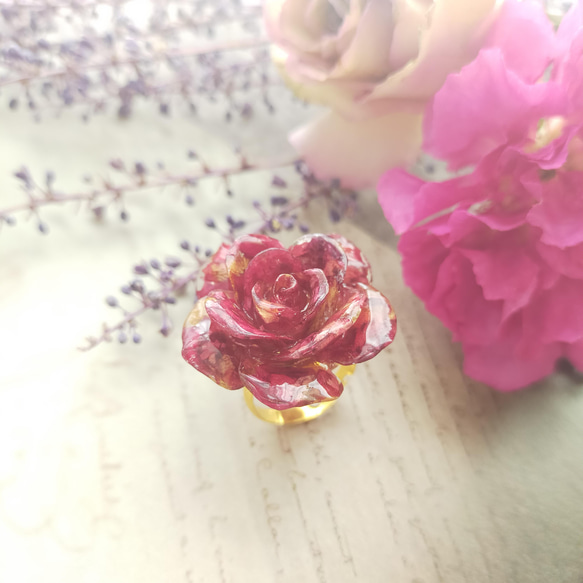 〜真紅の薔薇の指輪〜　リング　シンプル　バラ　ばら　林檎　りんご　リンゴ　レジン　クリア　ドライフラワー　赤　かわいい　 10枚目の画像