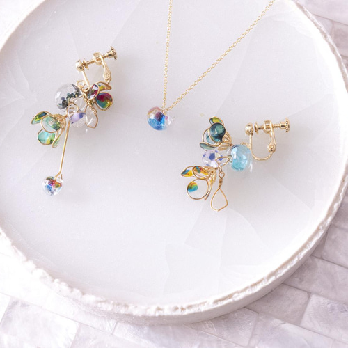 ネックレス&イヤリングのセット④  パープルビーズ シルバーメッキ ネックレス&イヤリングのセット④ パープルビーズ シルバーメッキ