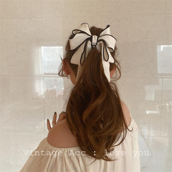 韓国ファッション　バイカラー　ヘアリボン　ホワイト　ヘアアクセサリー　-7135 2枚目の画像