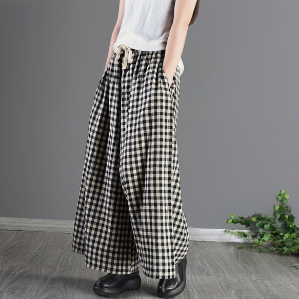 リネンチェック キュロットワイドパンツ（その他パンツ）｜D