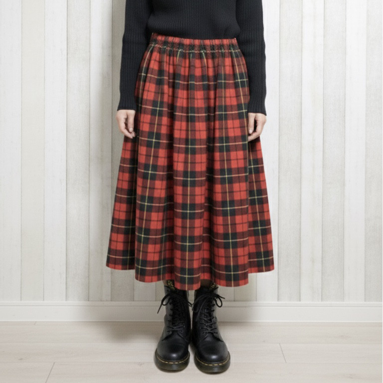 コットン100% シャギー起毛 タータンチェックのスカート【レッド】