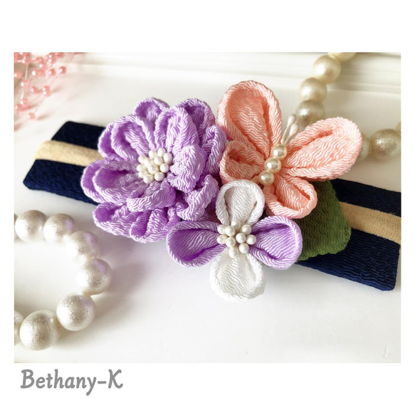 ◆ミニブーケのような髪飾り(下がりなし)◆白藤×桜×白色のつまみ細工_BETHANY- KベサニK製作所 4枚目の画像