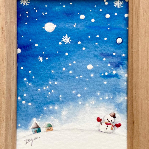 絵画　雪だるまとペンギン 2　A4サイズ　原画　額縁無し 透明水彩画「雪空」北欧イラスト ミニ額 雪 冬 プチギフト