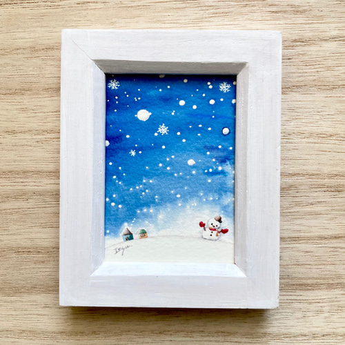 透明水彩画「雪空」北欧イラスト ミニ額 雪 冬 プチギフト