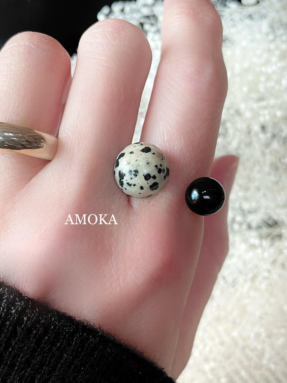 　　【大人可愛い】天然石フォークリング Dalmatian jasper×Black onyx フォークリング 11枚目の画像