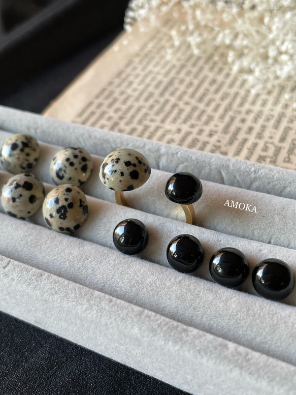 　　【大人可愛い】天然石フォークリング Dalmatian jasper×Black onyx フォークリング 7枚目の画像