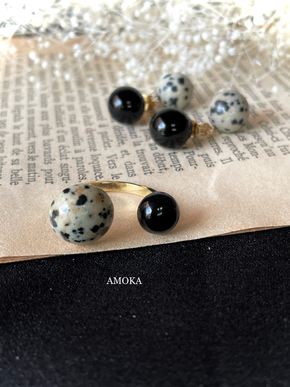 　　【大人可愛い】天然石フォークリング Dalmatian jasper×Black onyx フォークリング 9枚目の画像