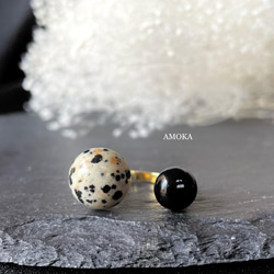 　　【大人可愛い】天然石フォークリング Dalmatian jasper×Black onyx フォークリング 2枚目の画像