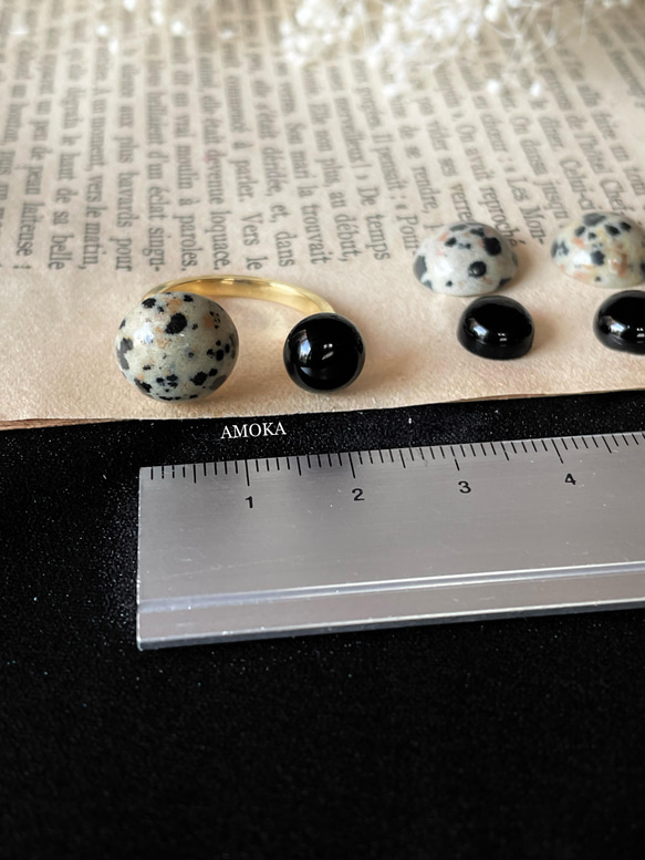 　　【大人可愛い】天然石フォークリング Dalmatian jasper×Black onyx フォークリング 6枚目の画像