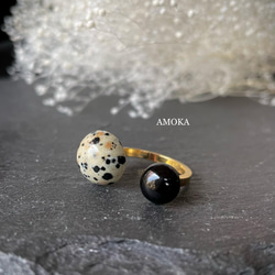 　　【大人可愛い】天然石フォークリング Dalmatian jasper×Black onyx フォークリング 1枚目の画像