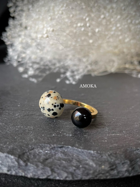 　　【大人可愛い】天然石フォークリング Dalmatian jasper×Black onyx フォークリング 1枚目の画像