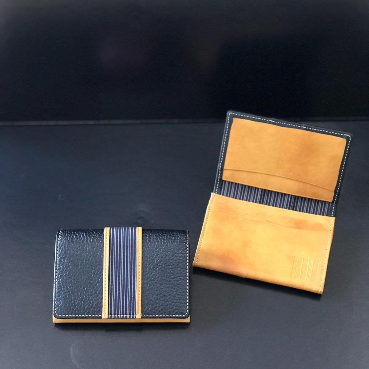 伝統綿織物　蕨双子織名刺入れ（キャメル）　本革使用　プレゼント