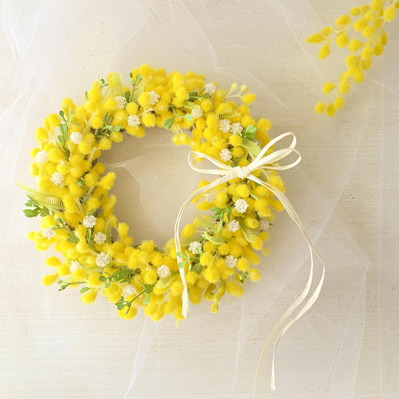 【送料無料】春のお花ミモザのリース・18㎝ 2枚目の画像
