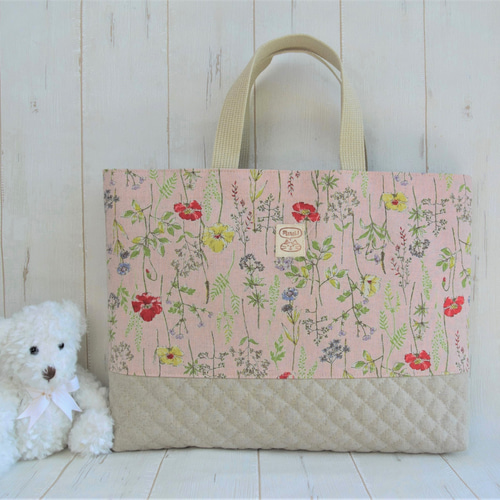 45×35ハーフリネンの大きめレッスンバッグ おしゃれ 可愛い♡ 小花