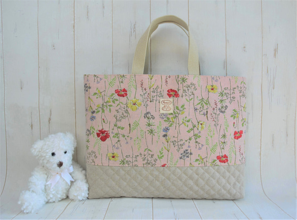 45×35ハーフリネンの大きめレッスンバッグ おしゃれ 可愛い♡ 小花