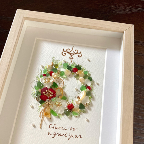 紅白椿のリース シーグラス／天然石／フレームアート／壁掛け／正月