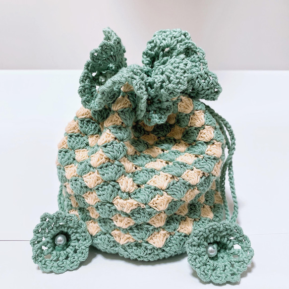 かぎ針編み モチーフ編み ポーチ くすみ水色 Lサイズ 大容量 ギフト