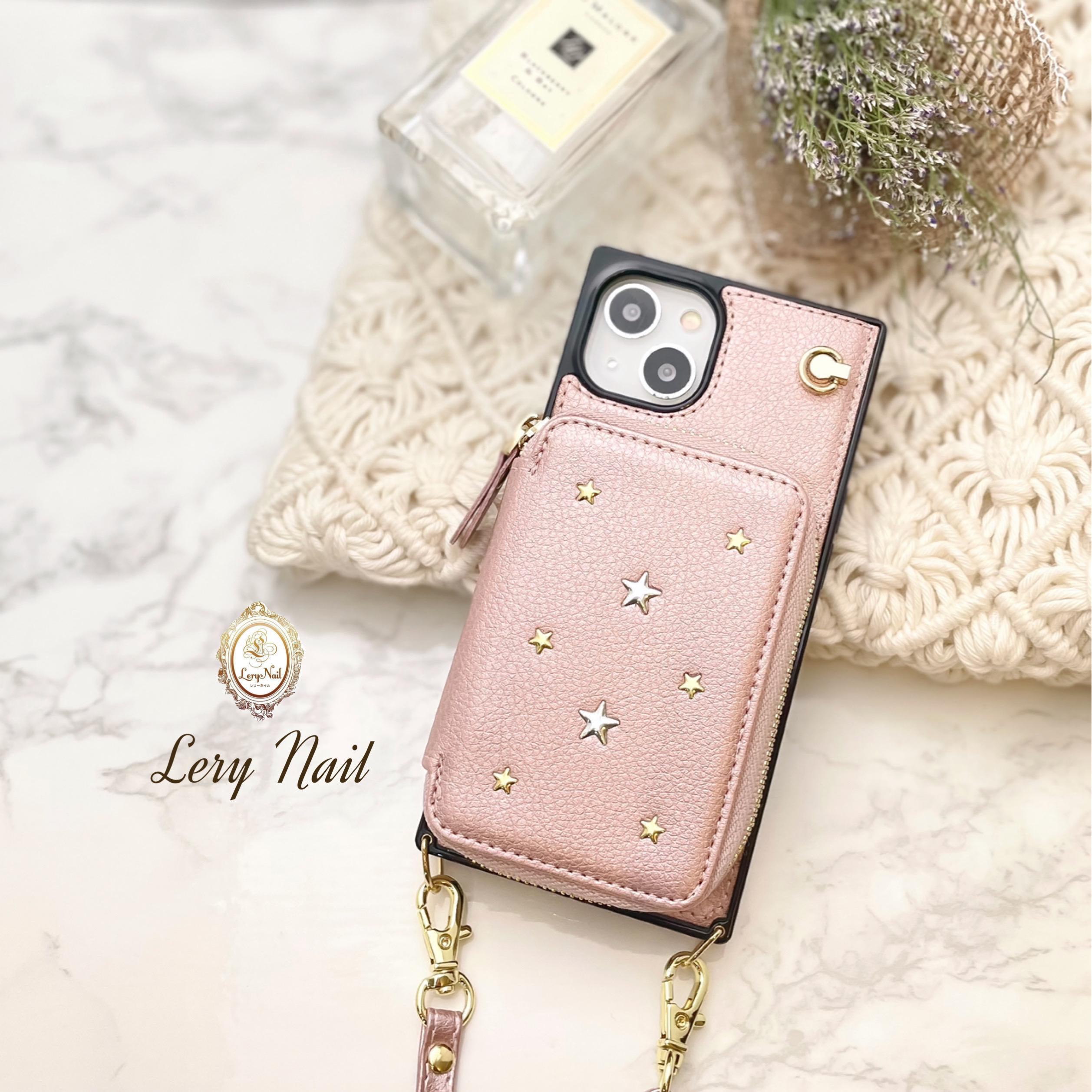 ゴールド星スタッズ☆長さ調節可能なストラップ ショルダーひも付き ICカード小物入れiPhoneケース シャイニーピンク