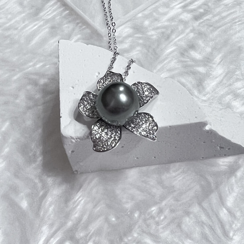 タヒチ黒蝶真珠シルバーネックレス ブラックパールの花ペンダント 刻印 