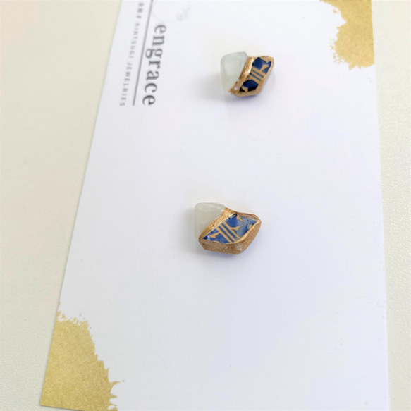 客製化有田燒陶器金繼耳環/白色月光石傳統工藝海軍藍小尺寸 第4張的照片