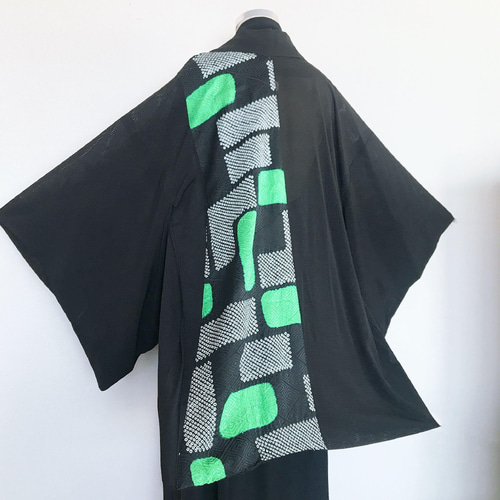 絞りライン羽織カーディガン デザイン羽織 シースルー 和モード 黒 緑  