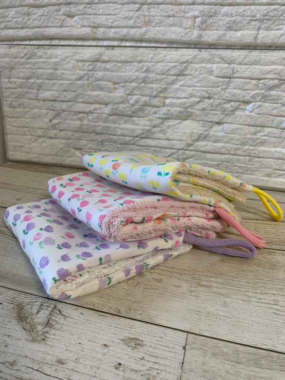 ループタオル☆枚数、色が選べる！お絵描きチューリップ3色展開！！パープル入荷 3枚目の画像