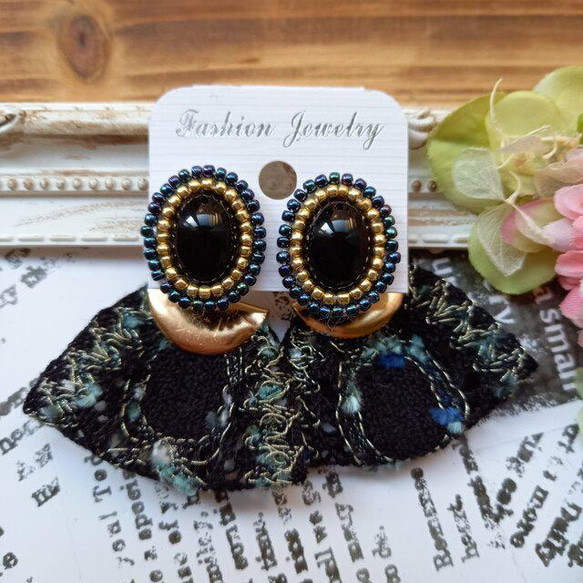 受注制作 ピアス/イヤリング おおぶり ビーズ刺繍 カボション ゴールド 