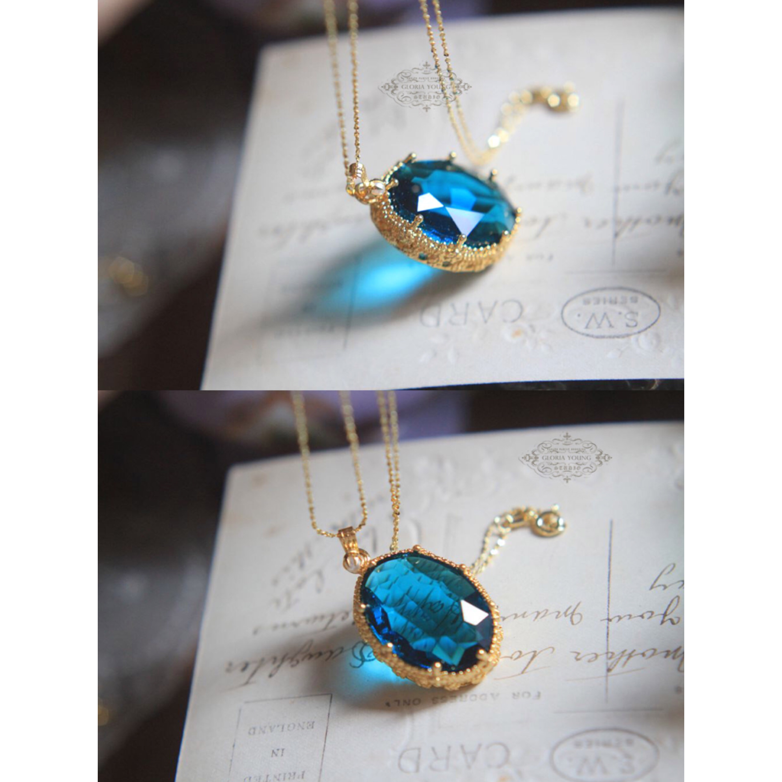 ピーコックブルー オーストリアクリスタル ヴィンテージ キラキラ ストーンネックレス