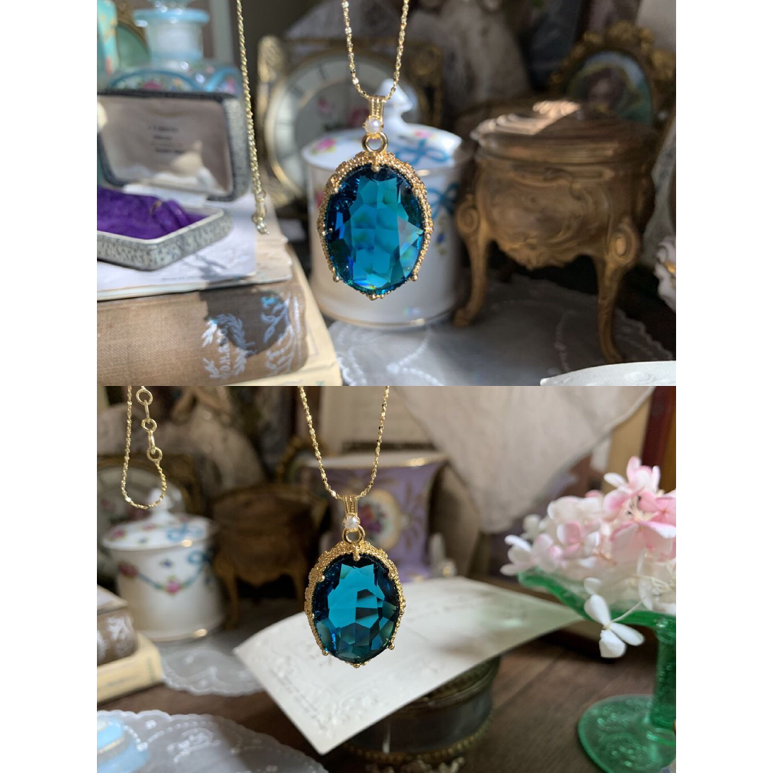 ピーコックブルー オーストリアクリスタル ヴィンテージ キラキラ ストーンネックレス