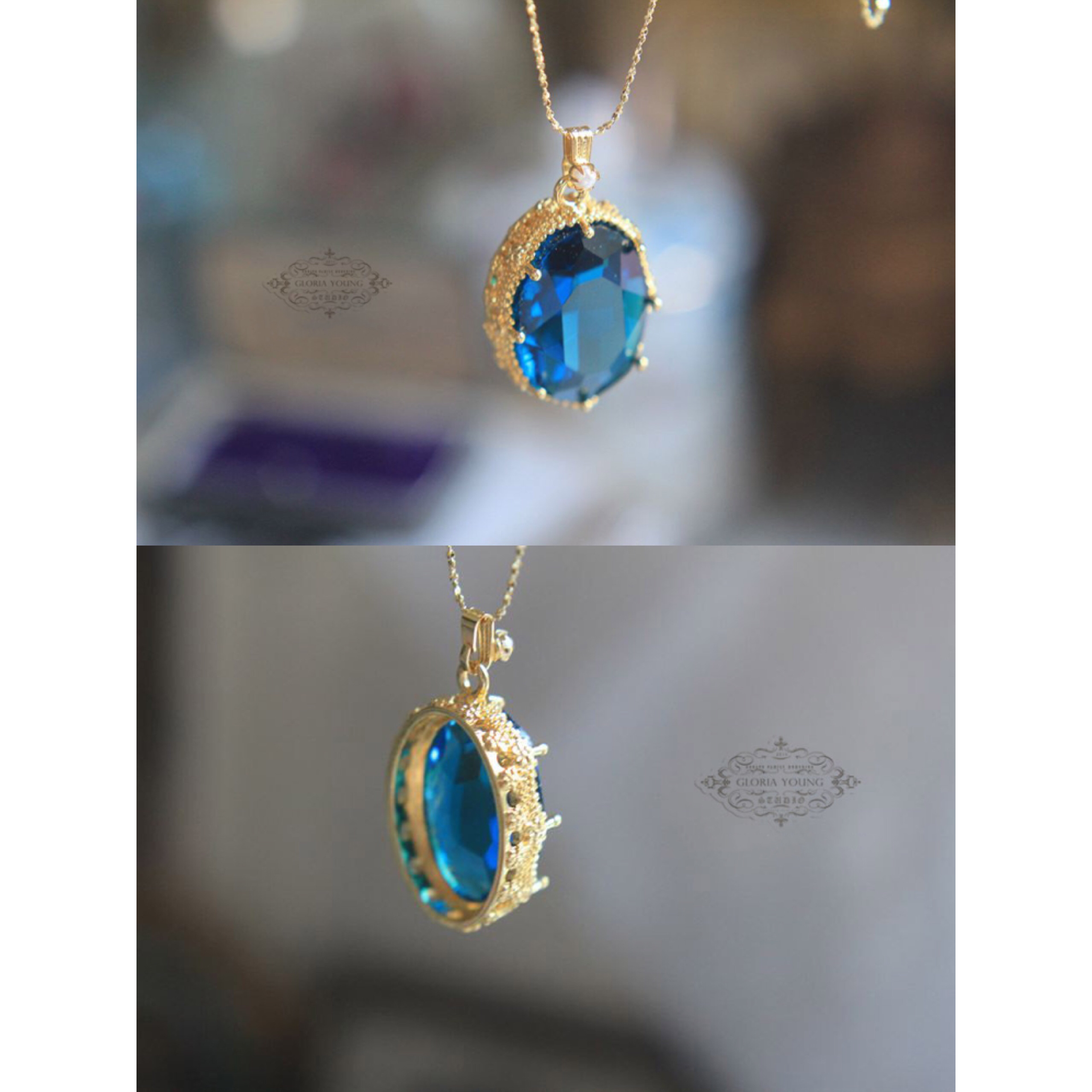 ピーコックブルー オーストリアクリスタル ヴィンテージ キラキラ ストーンネックレス