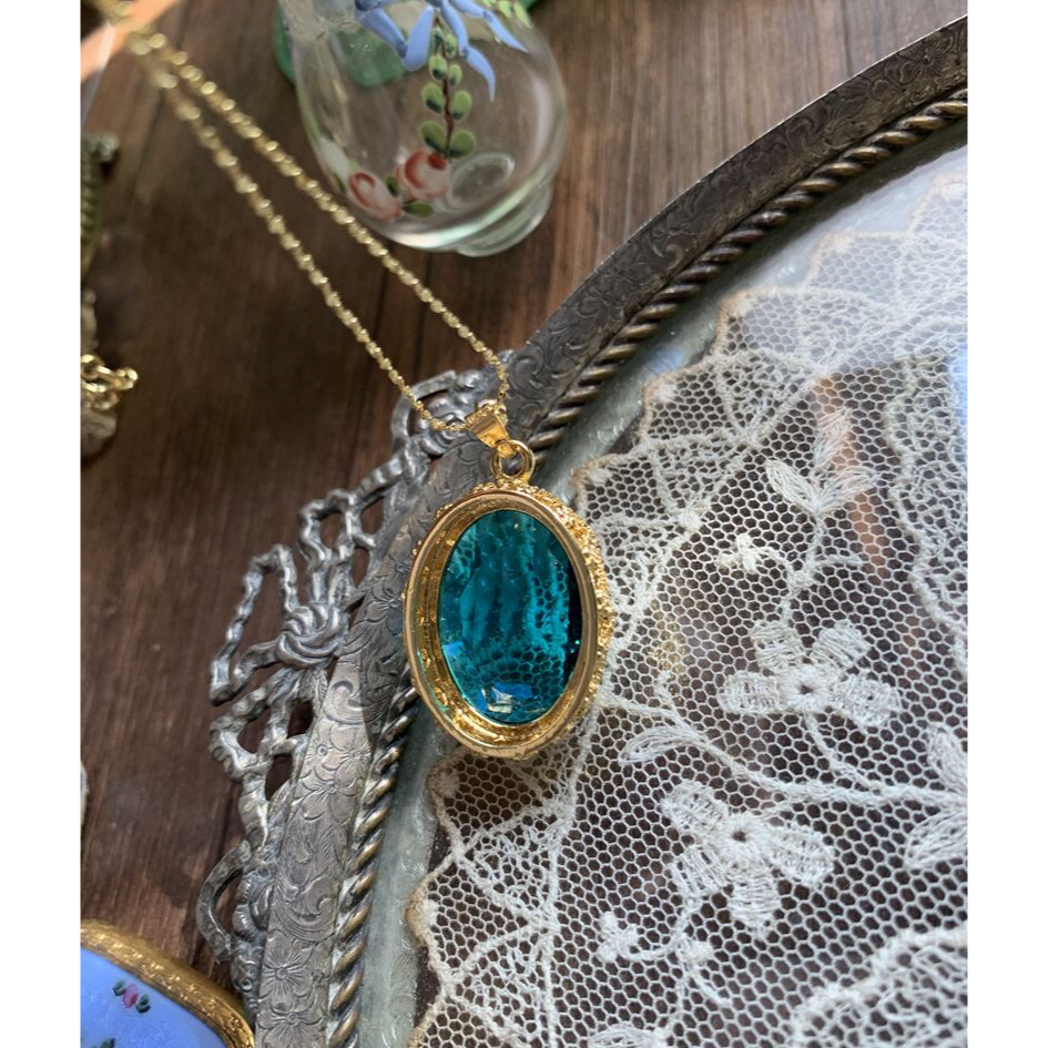 ピーコックブルー オーストリアクリスタル ヴィンテージ キラキラ ストーンネックレス