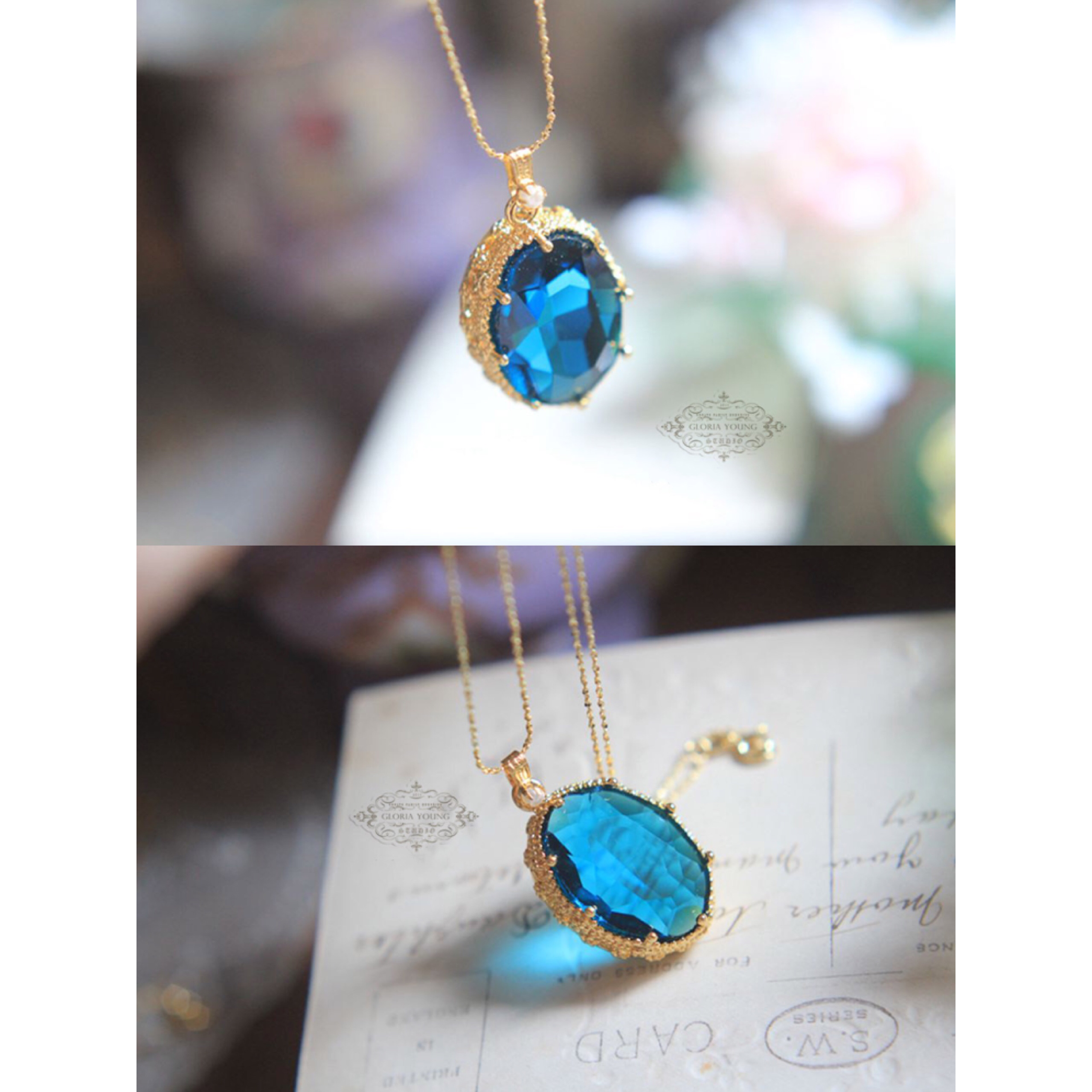 ピーコックブルー オーストリアクリスタル ヴィンテージ キラキラ ストーンネックレス